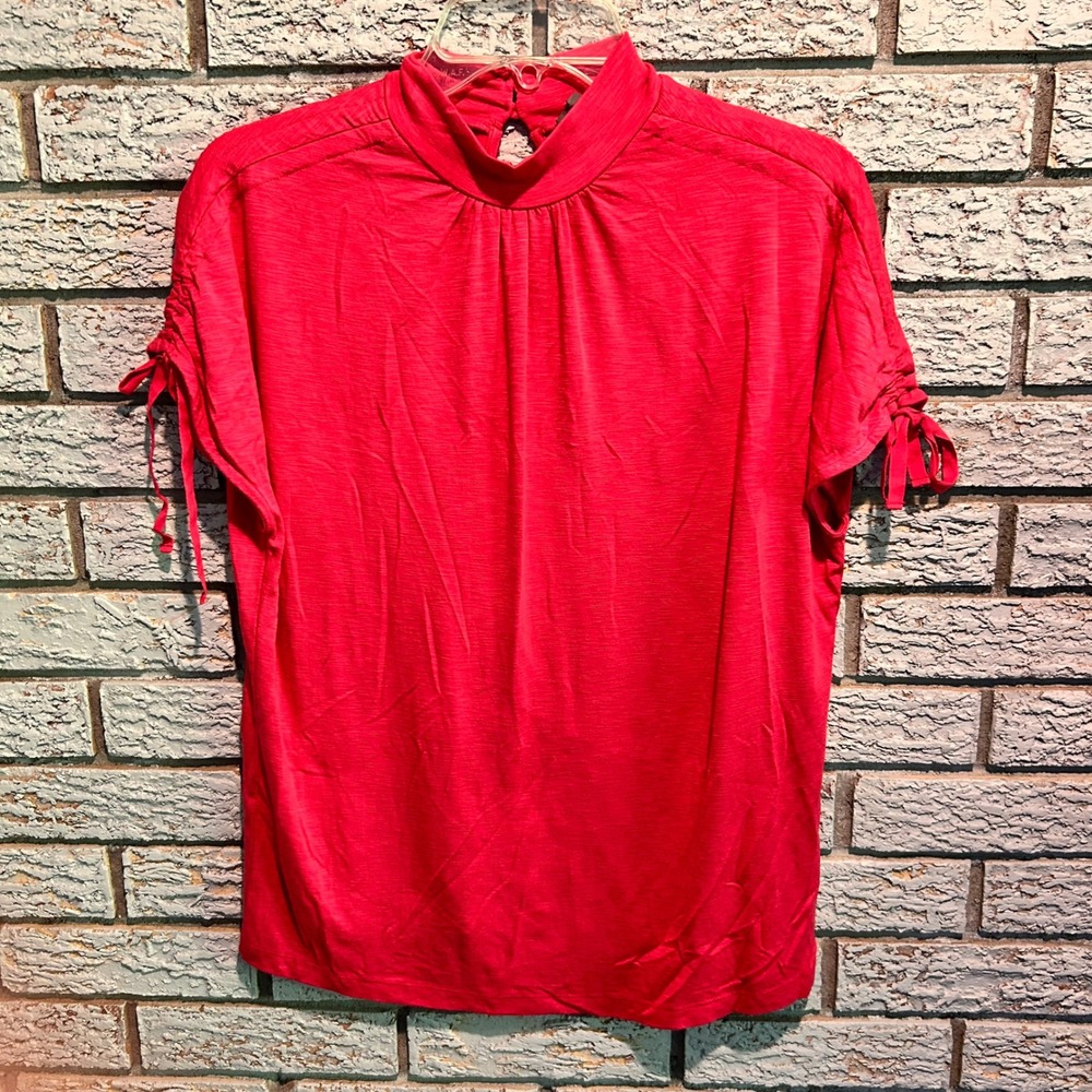 Anthropologie Mock Neck Tie Sleeve Slub Knit Blouse‎ Pink Short Sleeve Top